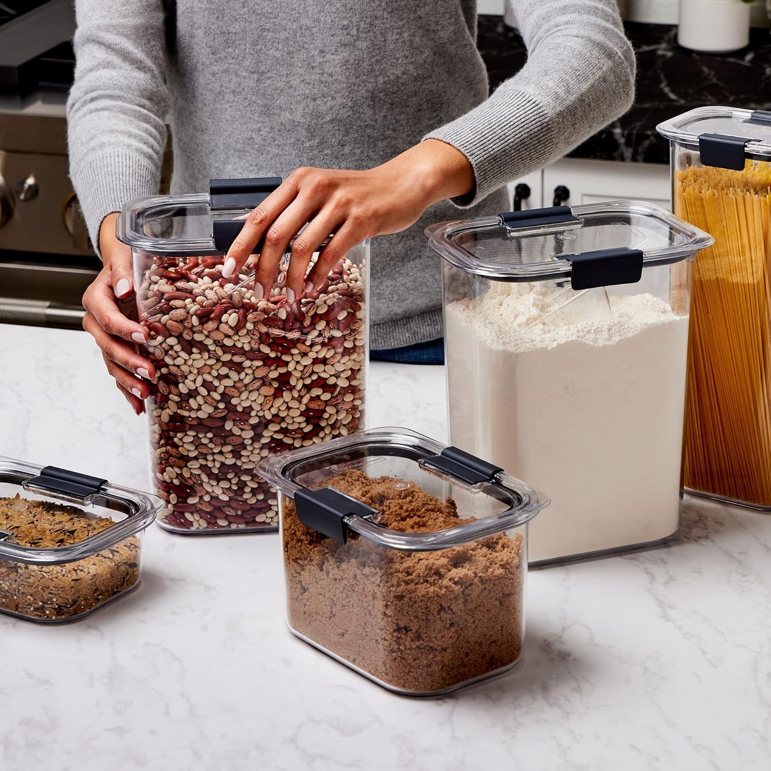 image:imageRubbermaid Brilliance BPAFree Food Storage Containers with Lids Airtight Kitchen and Pantry Organization Set Includes 3 Containers and Scoops Clear 16 cups16 Cup 6Piece