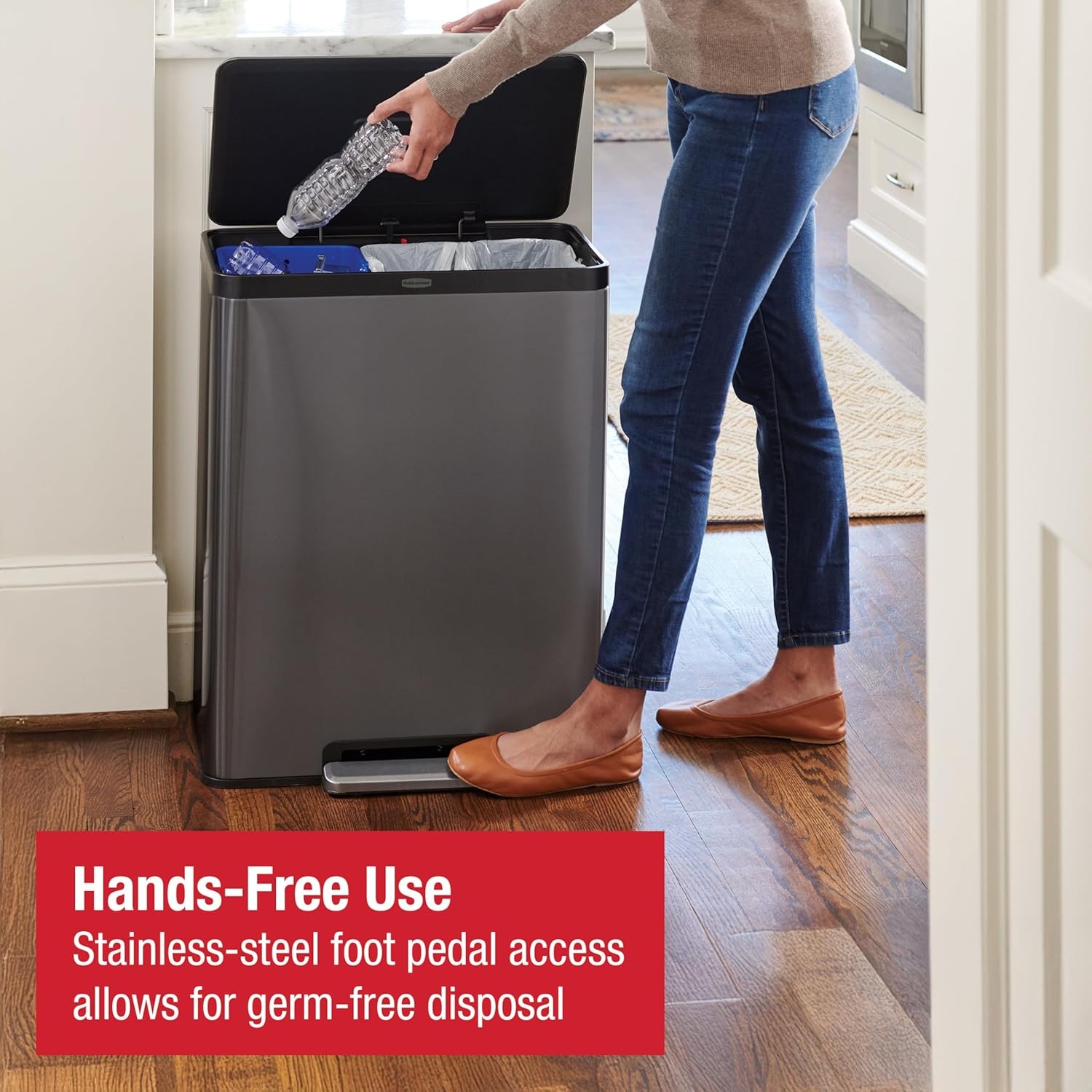 image:imageRubbermaid Elite Stainless Steel Metal Dual Stream StepOn Trash Can for Waste and Recycling 159 Gallon Charcoal Trash and Recycle Bin Combo for HomeKitchenGarageApartmentOffice158 Gallon