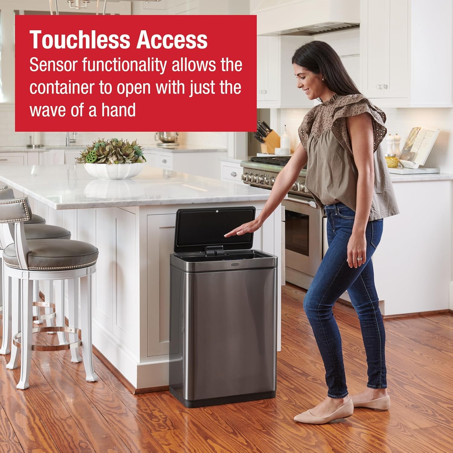 image:imageRubbermaid Elite Stainless Steel Slim Sensor Trash Can 12Gallon Batteries Included Charcoal Wastebasket for HomeKitchenHotelLobbyOffice 118GSensor