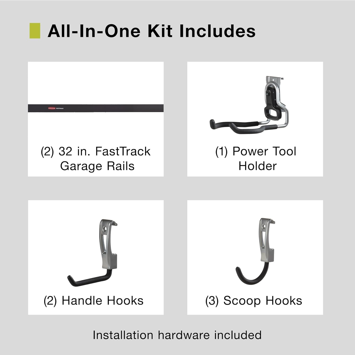 image:imageRubbermaid FastTrack Garage Storage Utility Hooks 5 Piece Black All in One Rail Hook Kit and Tool Organizer Heavy Duty for HomeGarageShedGarden1 Rail 7 Hooks