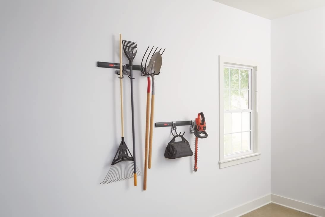 image:imageRubbermaid FastTrack Garage Storage Utility Hooks 5 Piece Black All in One Rail Hook Kit and Tool Organizer Heavy Duty for HomeGarageShedGarden2 Rails 4 Hooks
