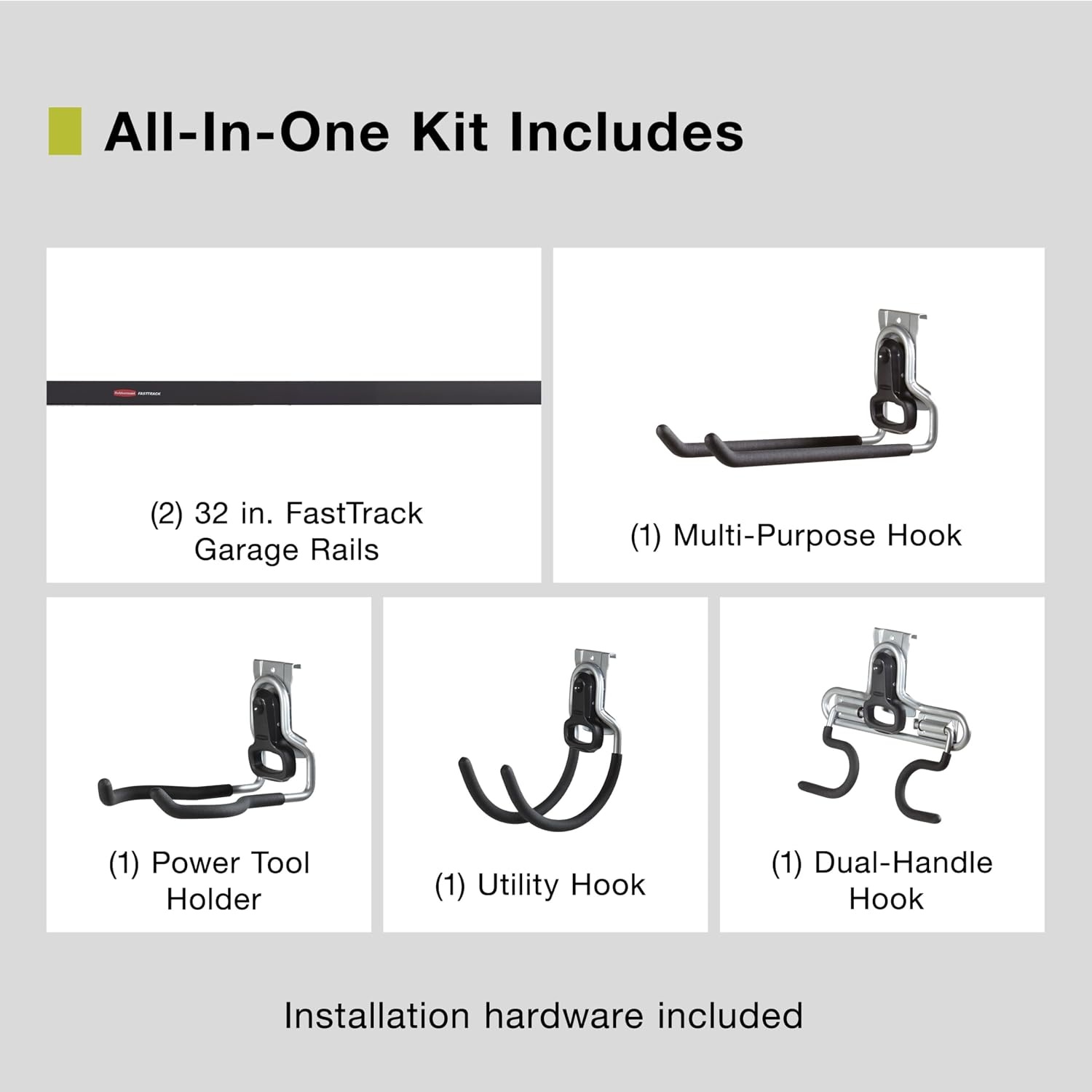 image:imageRubbermaid FastTrack Garage Storage Utility Hooks 5 Piece Black All in One Rail Hook Kit and Tool Organizer Heavy Duty for HomeGarageShedGarden2 Rails 4 Hooks