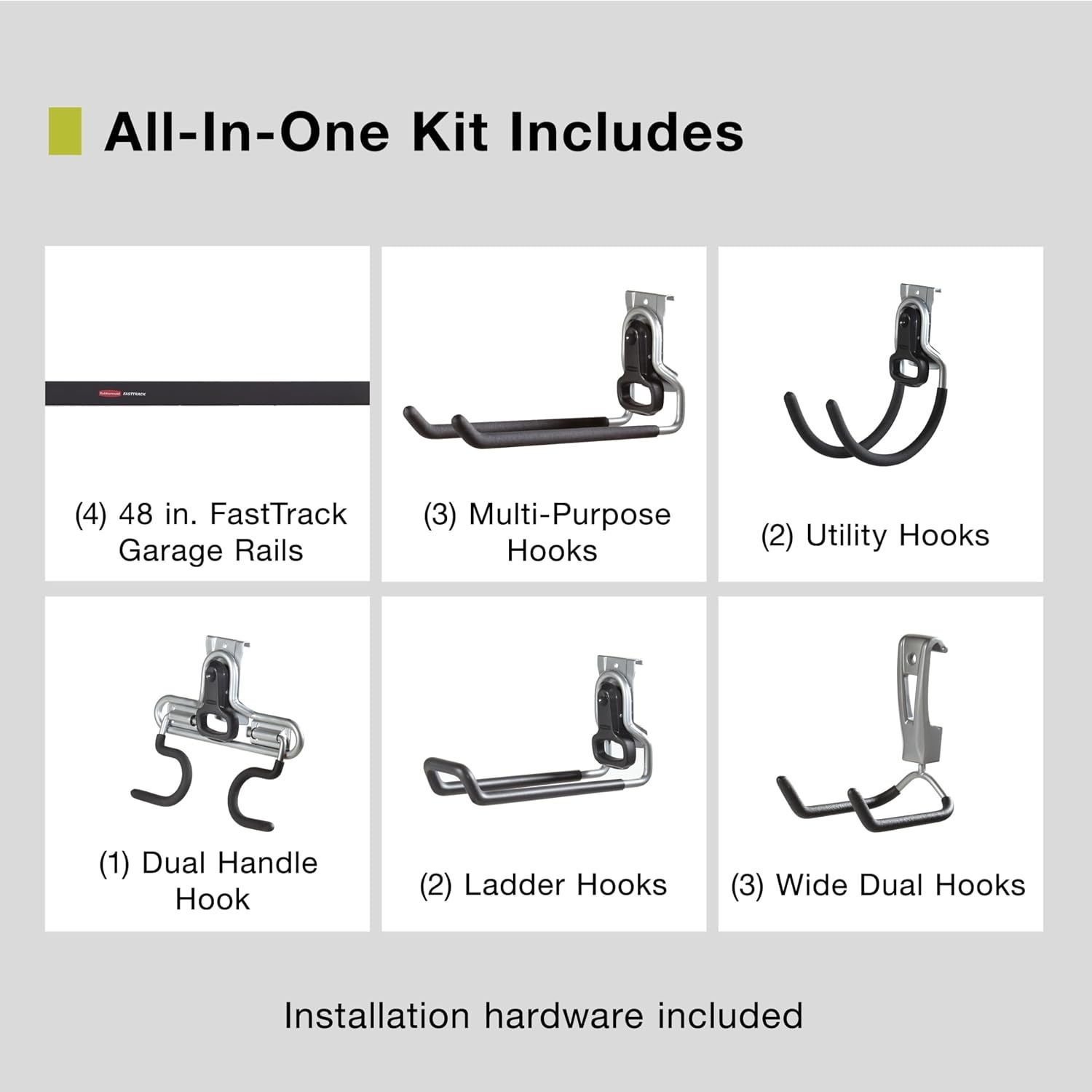 image:imageRubbermaid FastTrack Garage Storage Utility Hooks 5 Piece Black All in One Rail Hook Kit and Tool Organizer Heavy Duty for HomeGarageShedGarden4 Rails 11 Hooks