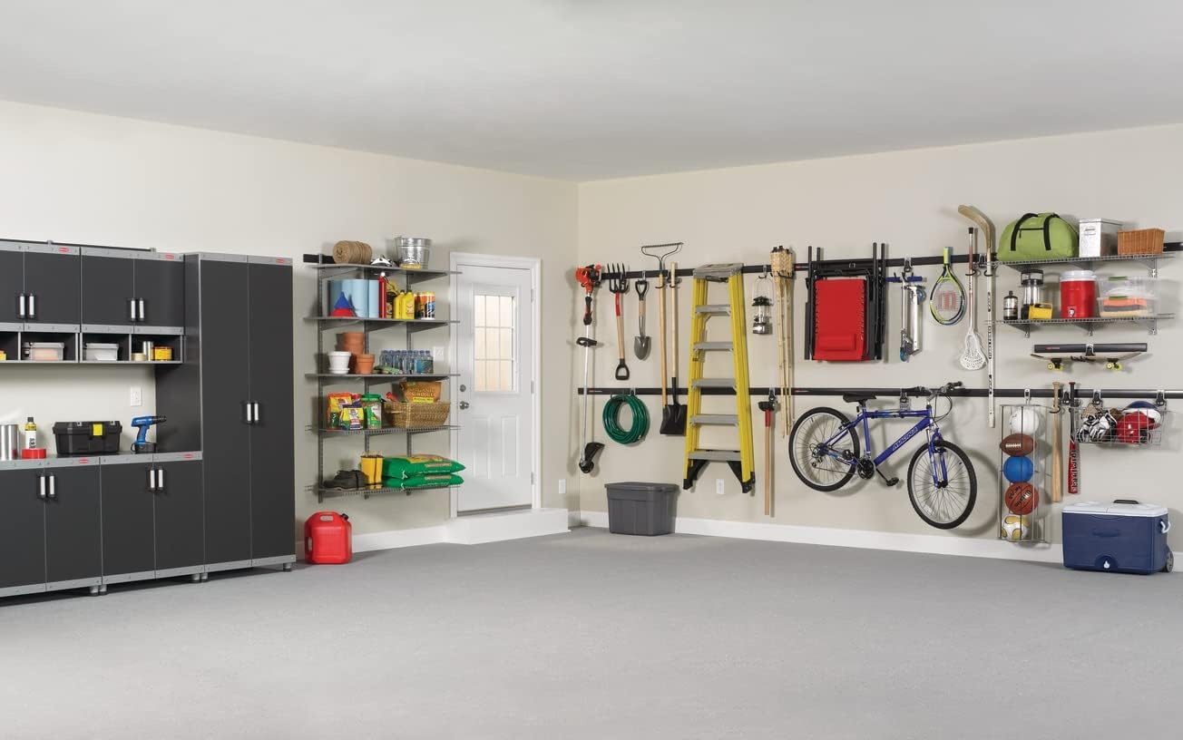 image:imageRubbermaid FastTrack Garage Storage Utility Hooks 5 Piece Black All in One Rail Hook Kit and Tool Organizer Heavy Duty for HomeGarageShedGarden5 Rails 15 Hooks