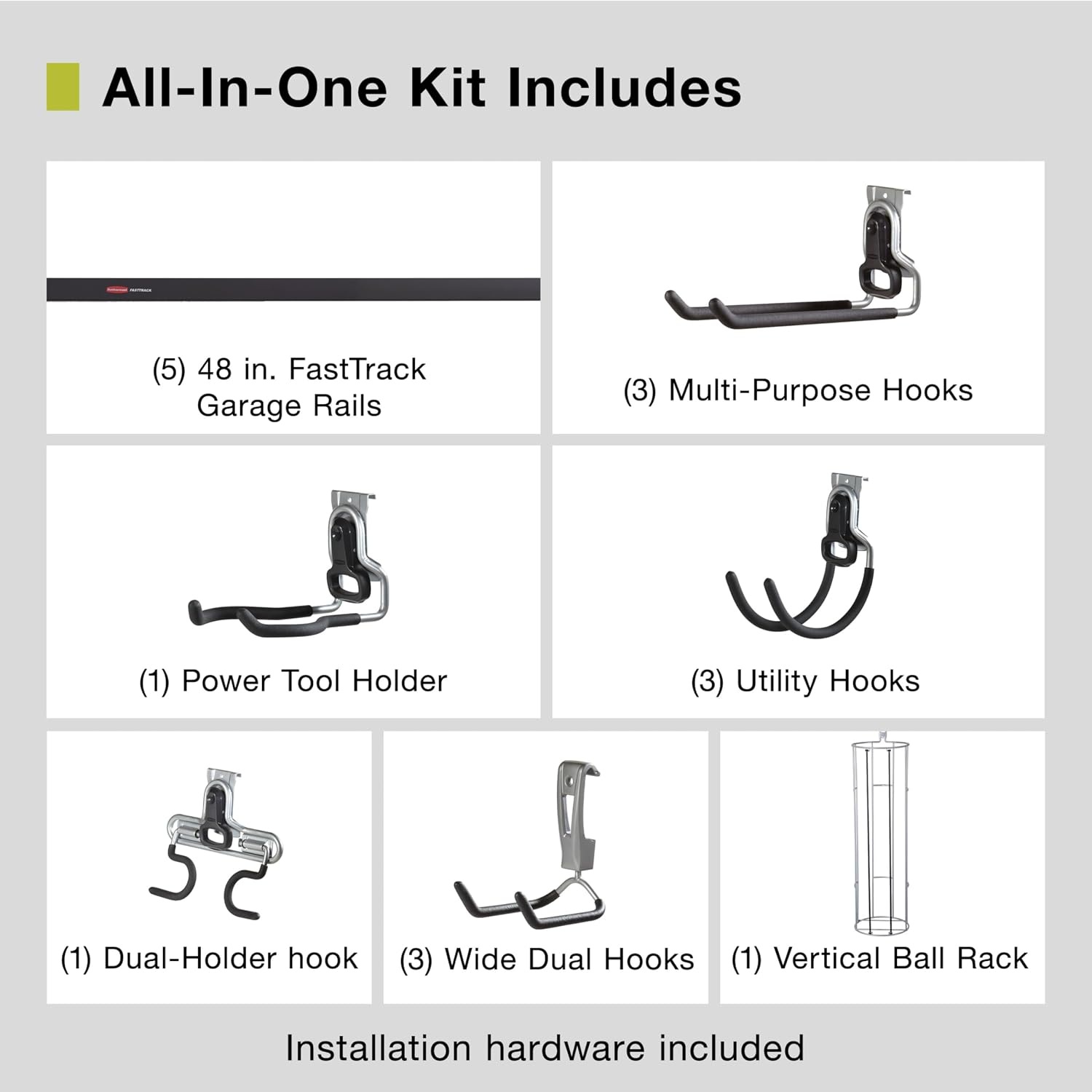 image:imageRubbermaid FastTrack Garage Storage Utility Hooks 5 Piece Black All in One Rail Hook Kit and Tool Organizer Heavy Duty for HomeGarageShedGarden5 Rails 15 Hooks