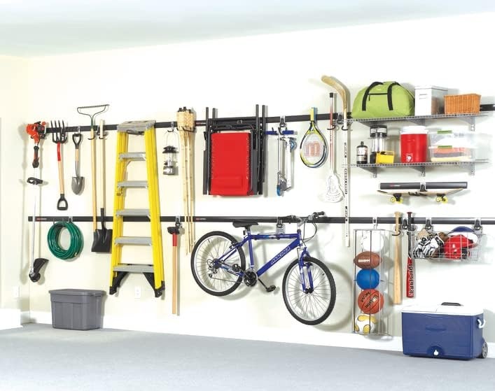 image:imageRubbermaid FastTrack Garage Storage Utility Hooks 5 Piece Black All in One Rail Hook Kit and Tool Organizer Heavy Duty for HomeGarageShedGarden5 Rails 15 Hooks