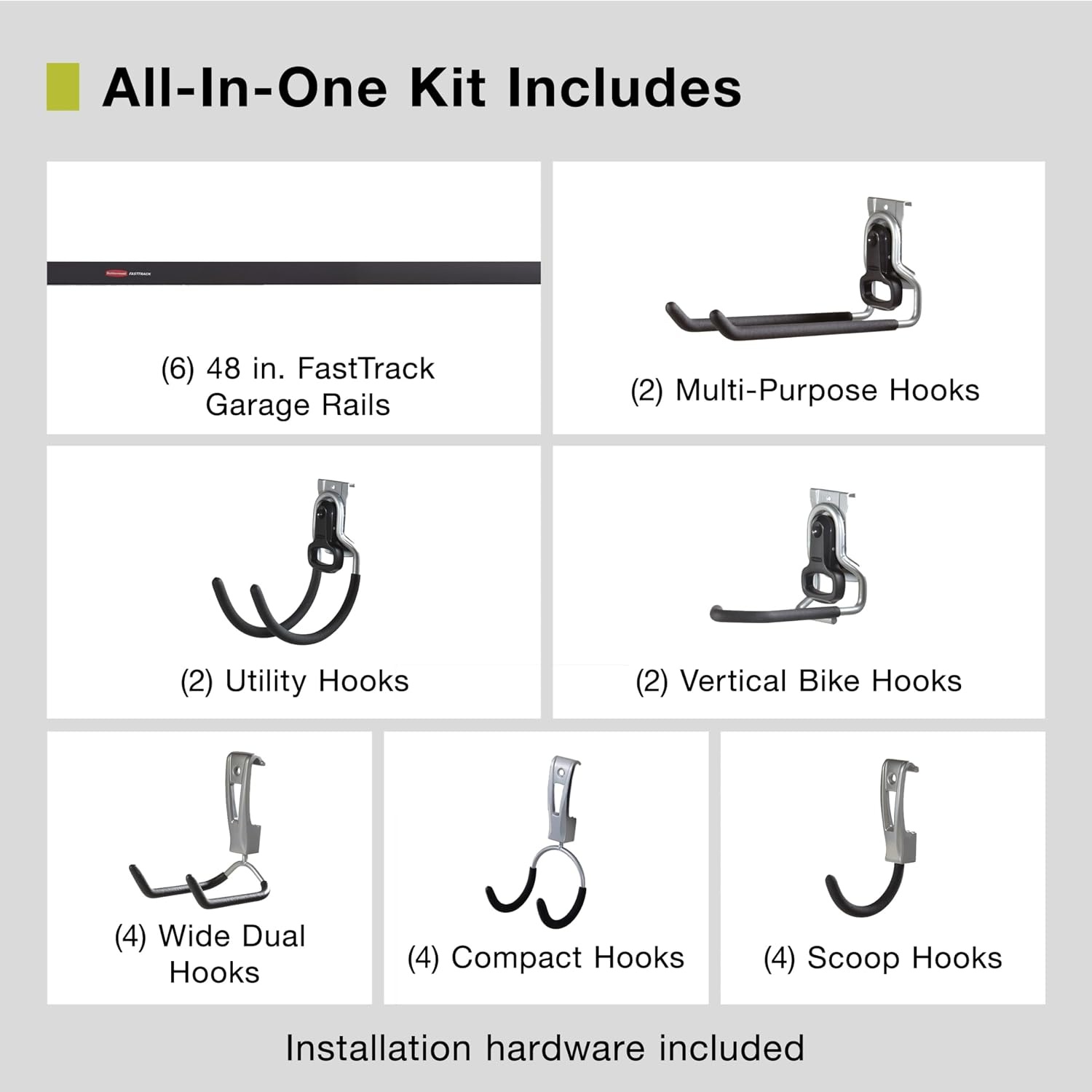 image:imageRubbermaid FastTrack Garage Storage Utility Hooks 5 Piece Black All in One Rail Hook Kit and Tool Organizer Heavy Duty for HomeGarageShedGarden6 Rails 18 Hooks
