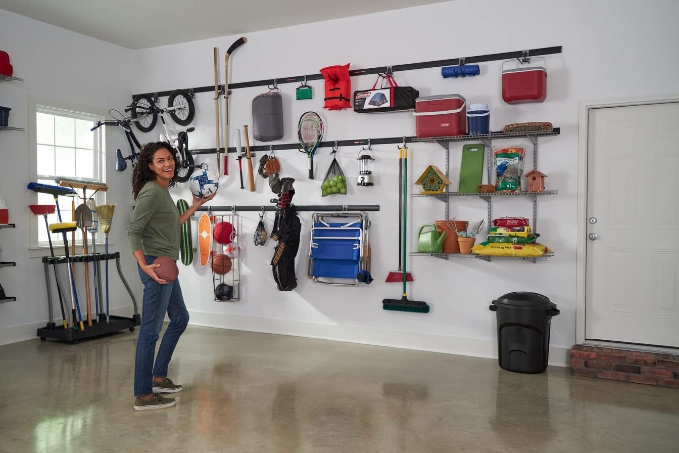 image:imageRubbermaid FastTrack Garage Storage Utility Hooks 5 Piece Black All in One Rail Hook Kit and Tool Organizer Heavy Duty for HomeGarageShedGarden6 Rails 18 Hooks