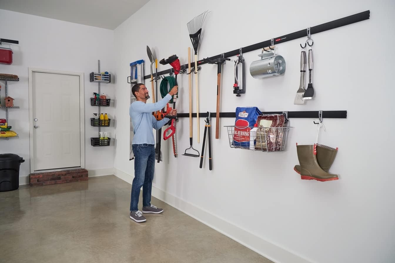 image:imageRubbermaid FastTrack Garage Storage Utility Hooks 5 Piece Black All in One Rail Hook Kit and Tool Organizer Heavy Duty for HomeGarageShedGarden6 Rails 18 Hooks