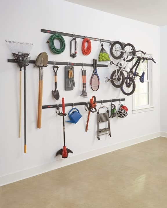image:imageRubbermaid FastTrack Garage Storage Utility Hooks 5 Piece Black All in One Rail Hook Kit and Tool Organizer Heavy Duty for HomeGarageShedGarden6 Rails 18 Hooks