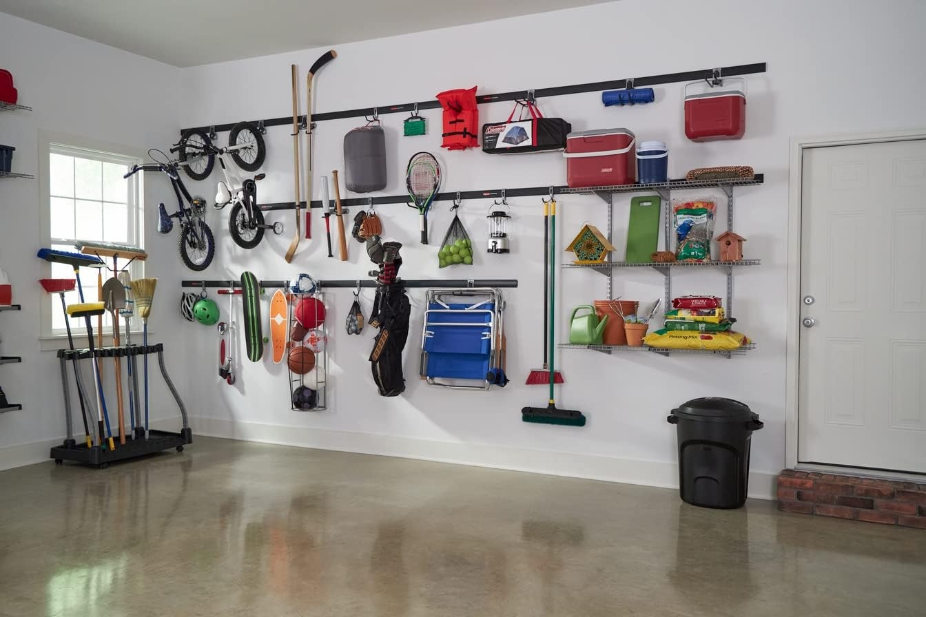 image:imageRubbermaid FastTrack Garage Storage Utility Hooks 5 Piece Black All in One Rail Hook Kit and Tool Organizer Heavy Duty for HomeGarageShedGarden6 Rails 18 Hooks