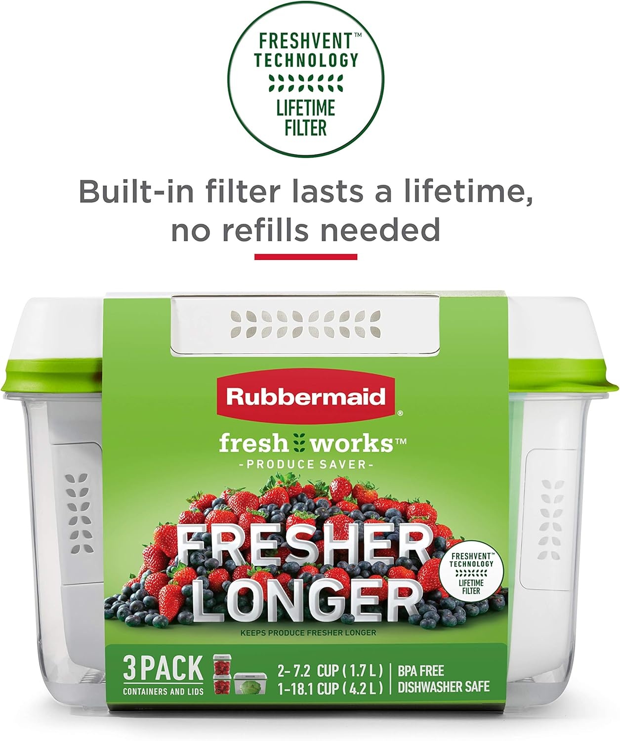 image:imageRubbermaid FreshWorks Produce Saver Medium and Large Storage Containers 6 Piece Set2Pack 72 Cup