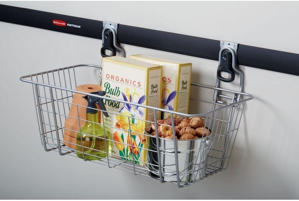 image:imageRubbermaid Garage FastTrack Hose Hook Satin Nickel Wall Mounted Storage System Holds up to 50 pounds for HomeGarageWire Mesh Basket