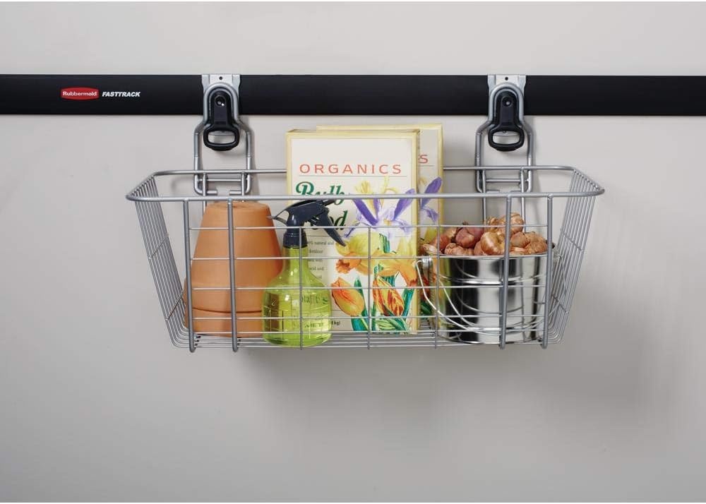 image:imageRubbermaid Garage FastTrack Hose Hook Satin Nickel Wall Mounted Storage System Holds up to 50 pounds for HomeGarageWire Mesh Basket