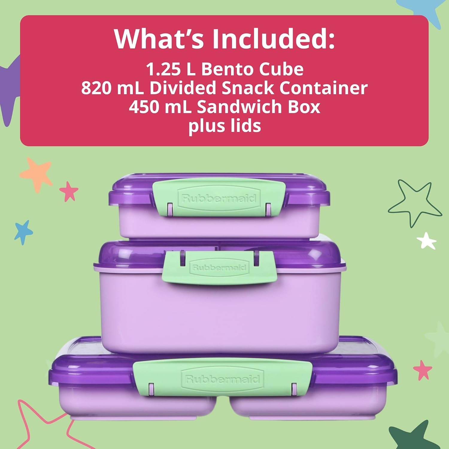 image:imageRubbermaid Pack amp Go Dragon Fairy Dust Purple Lunch Set 3Pack Bento Cube Snack Container Sandwich Box Food Storage Containers Plastic Containers for Food