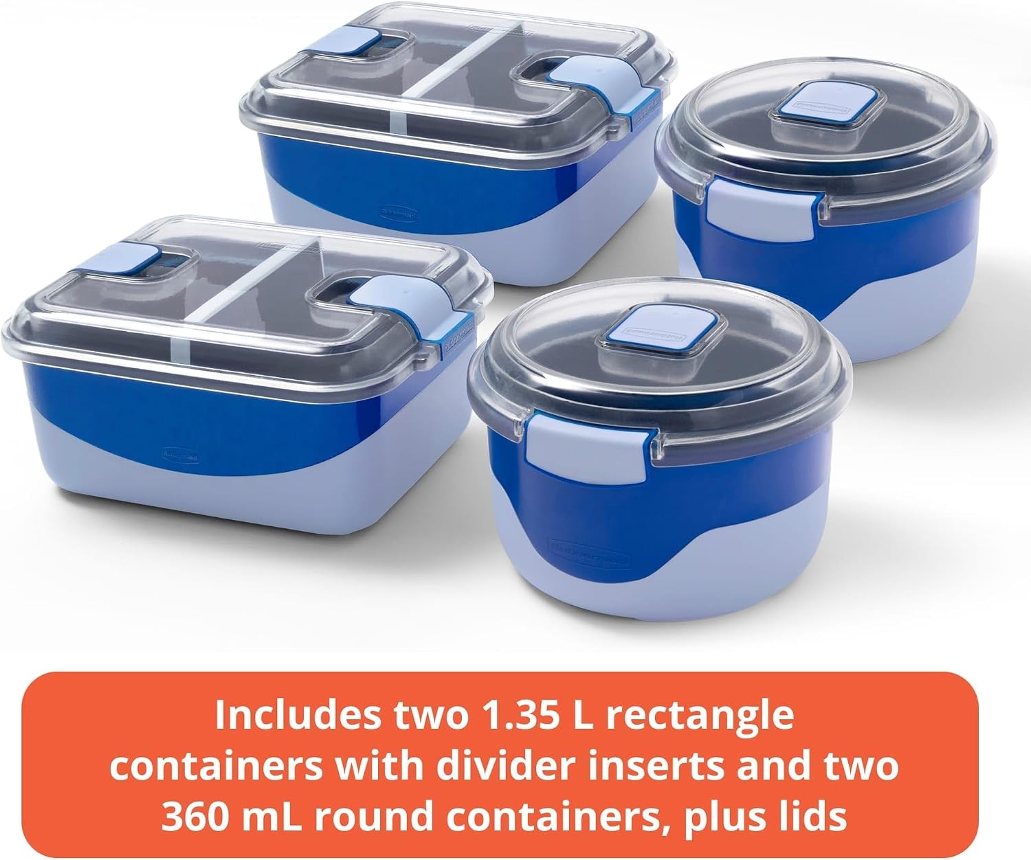 image:imageRubbermaid Pack amp Go Microwavable Set With Two 135 L Container with Divider Insert and Two 360 mL Round Containers Leakproof Meal Prep Containers360mL135L 4Pack