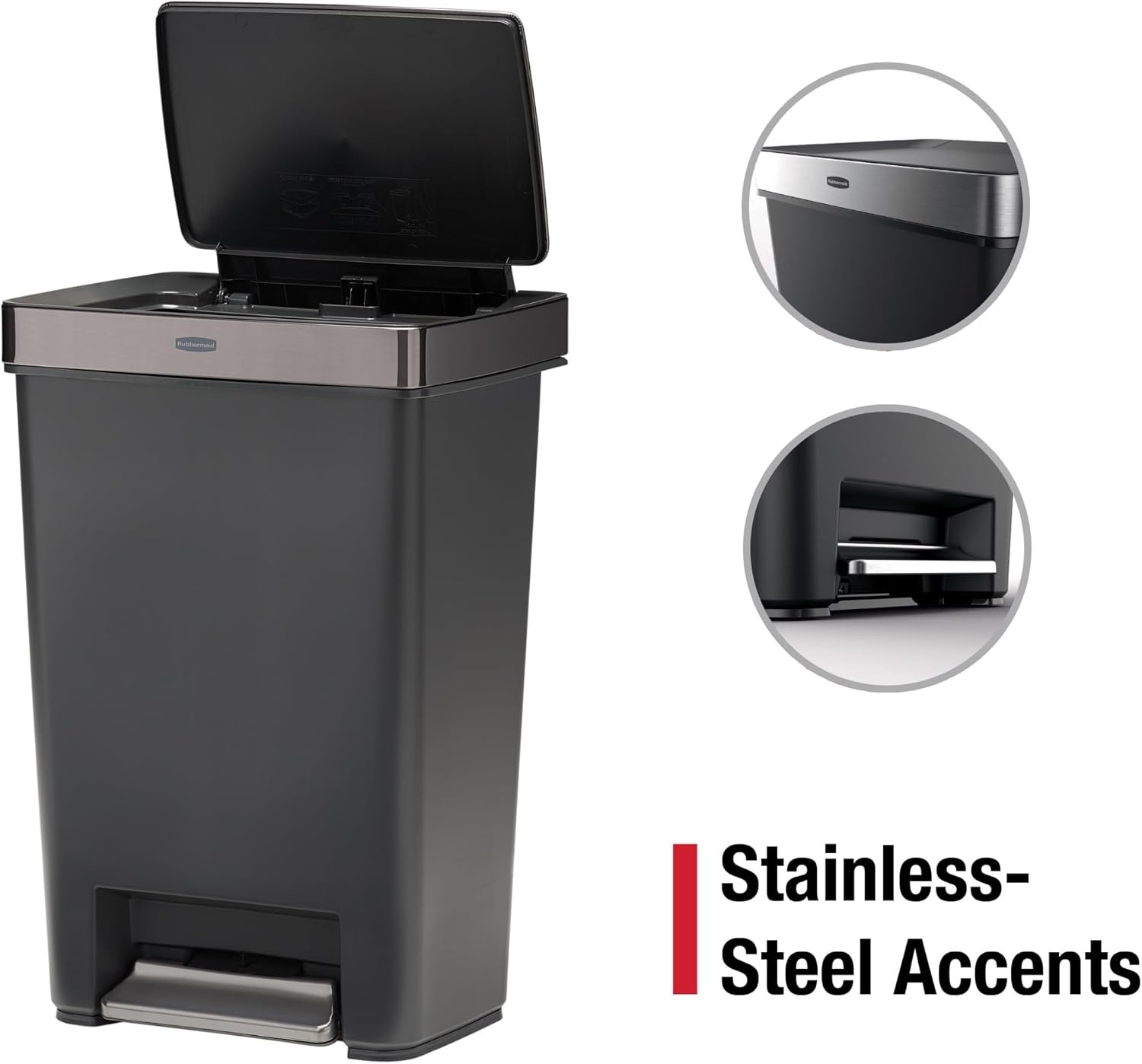 image:imageRubbermaid Premier Series II StepOn Trash Can for Home and Kitchen with Lid Lock and Slow Close 124 Gallon Charcoal for HomeKitchenGarageApartmentOfficeMetal Rim Lid
