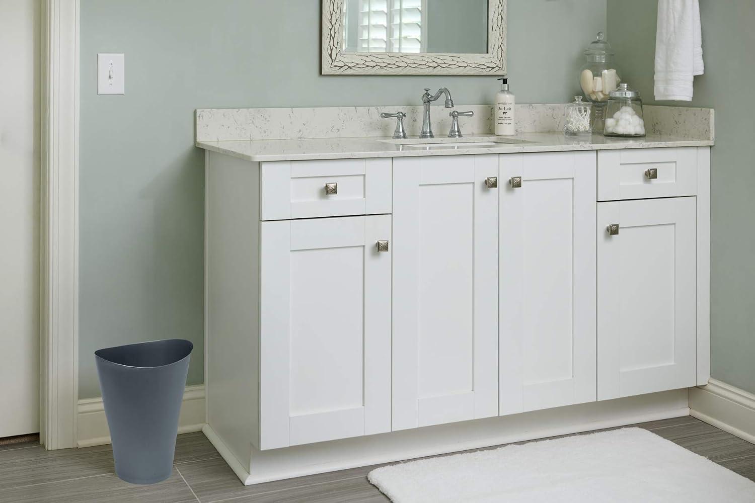 image:imageRubbermaid Spa Works Compact Contemporary Style 9 Quart Indoor Open Vanity Home Trash Container WhiteGunmetal Blue