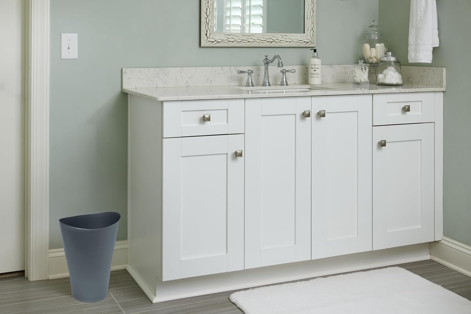 image:imageRubbermaid Spa Works Compact Contemporary Style 9 Quart Indoor Open Vanity Home Trash Container WhiteGunmetal Blue