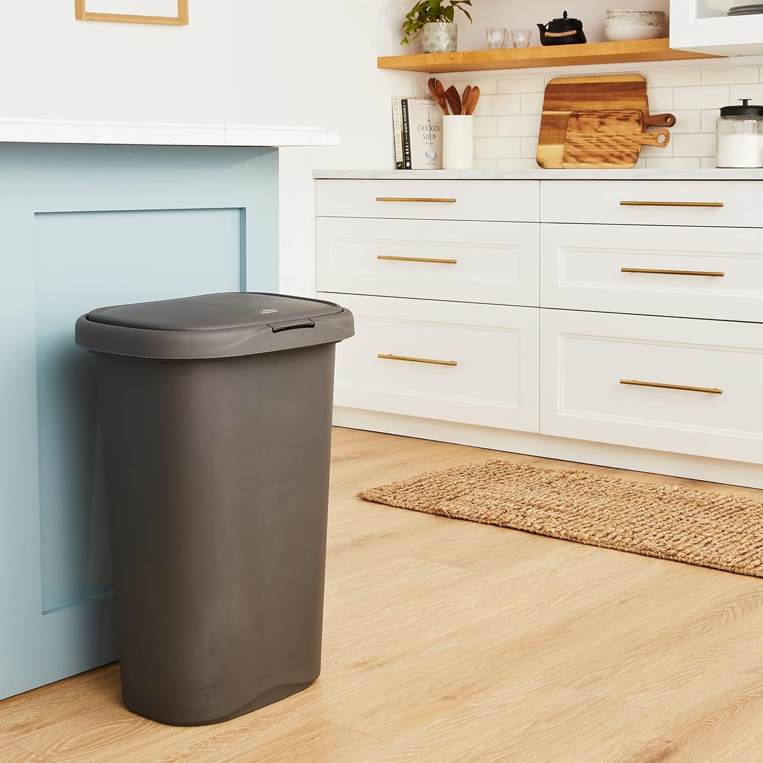 image:imageRubbermaid Spring Top Trash Can with Lid 13 Gallon Gray Plastic Garbage Bin for HomeKitchenOfficeGarageGray