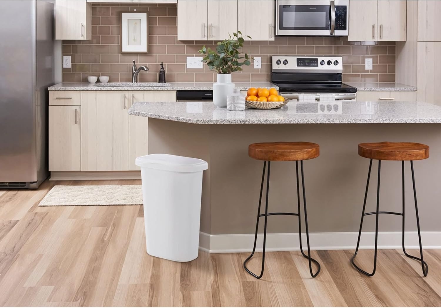 image:imageRubbermaid Spring Top Trash Can with Lid 13 Gallon Gray Plastic Garbage Bin for HomeKitchenOfficeGarageWhite