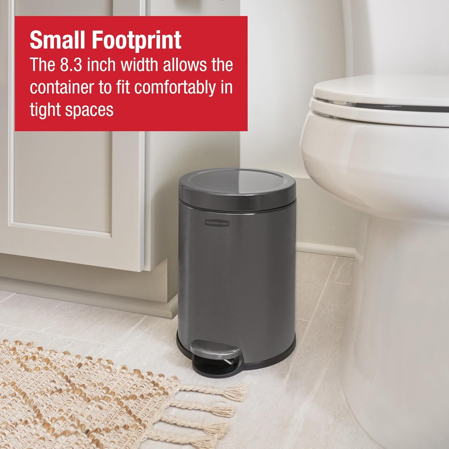 image:imageRubbermaid Stainless Steel Slim StepOn Trash Can 26Gallon Charcoal Wastebasket with Lid for HomeBathroomKitchenRound StepOn