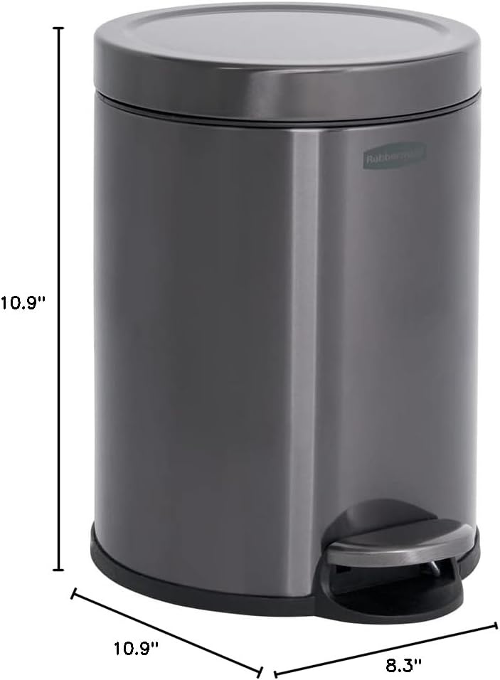 image:imageRubbermaid Stainless Steel Slim StepOn Trash Can 26Gallon Charcoal Wastebasket with Lid for HomeBathroomKitchenRound StepOn