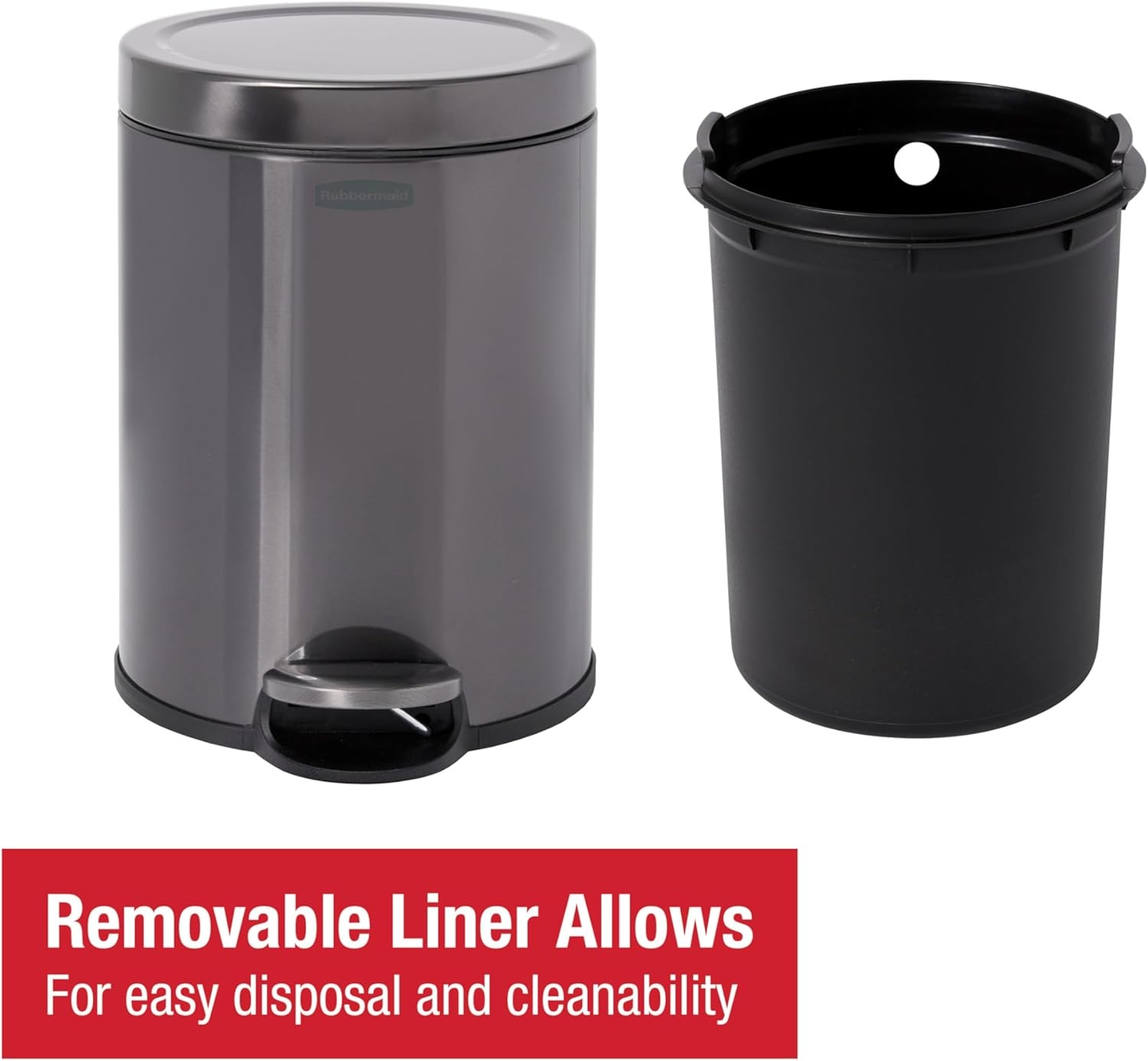 image:imageRubbermaid Stainless Steel Slim StepOn Trash Can 26Gallon Charcoal Wastebasket with Lid for HomeBathroomKitchenRound StepOn