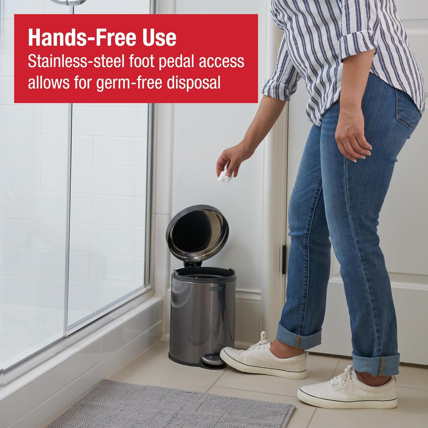 image:imageRubbermaid Stainless Steel Slim StepOn Trash Can 26Gallon Charcoal Wastebasket with Lid for HomeBathroomKitchenRound StepOn
