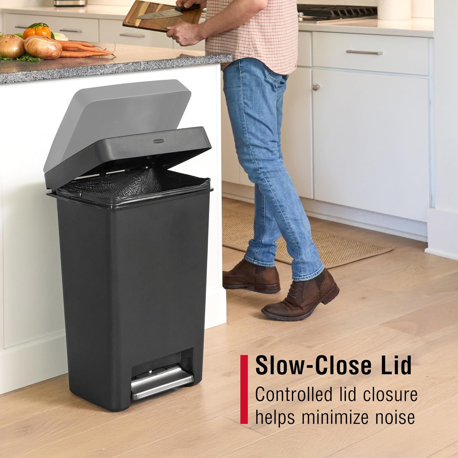 image:imageRubbermaid StepOn Kitchen Trash Can with Lid 124 Gallon Black Plastic Garbage Container for HomeKitchenApartmentGarage