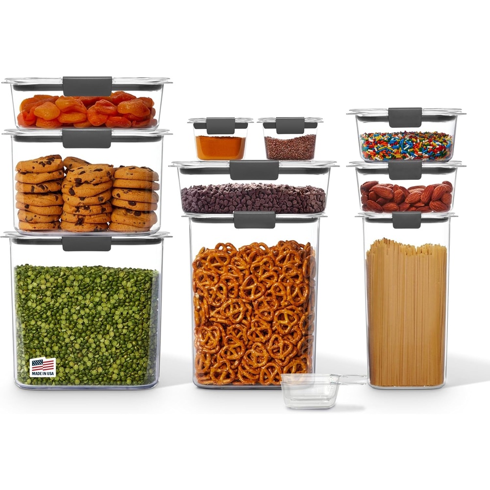 image:imageRubbermaid Brilliance BPAFree Food Storage Containers with Lids Airtight Kitchen and Pantry Organization Set Includes 3 Containers and Scoops Clear 16 cupsAssorted Sizes 20Piece