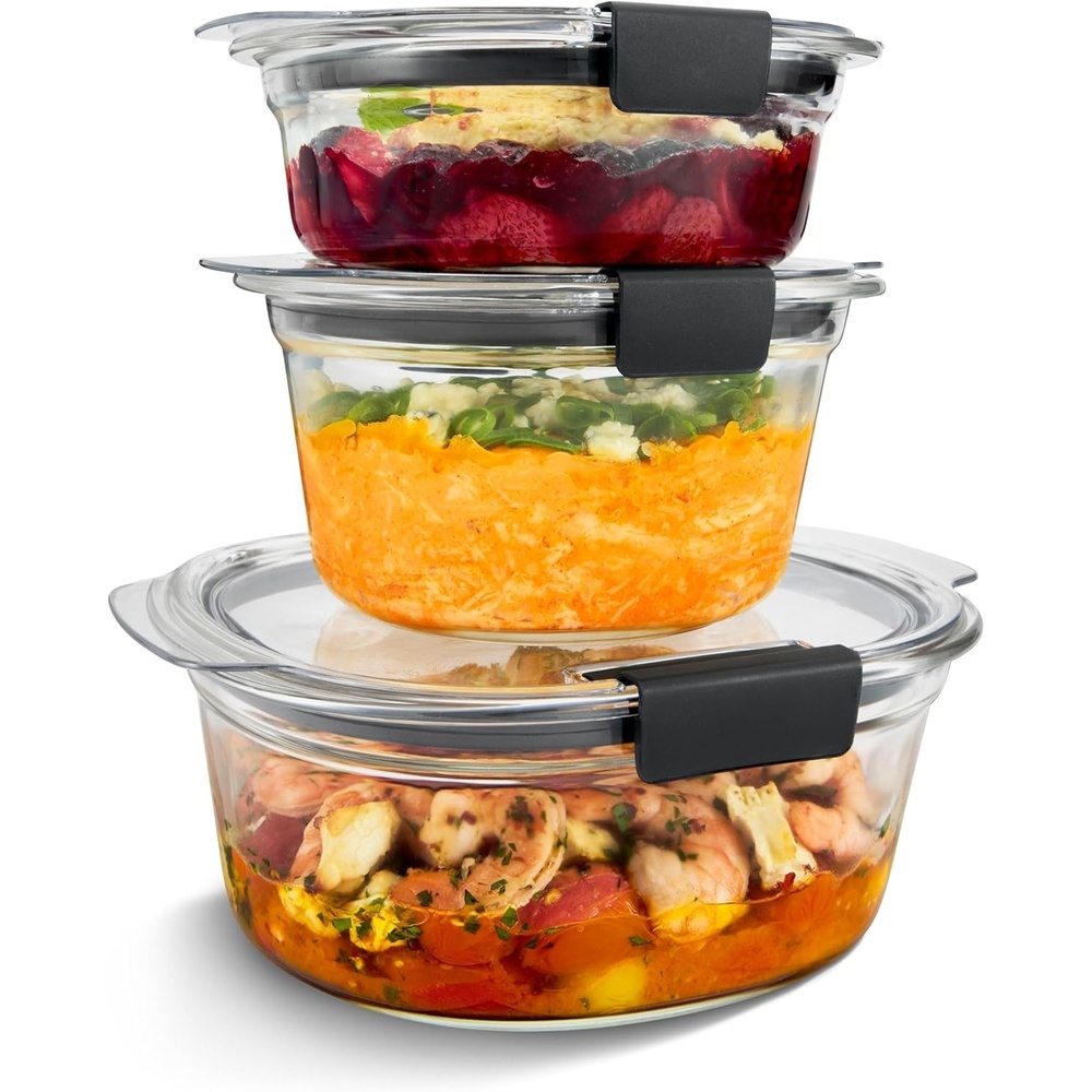 image:imageRubbermaid Brilliance Glass Round LeakProof 6Piece Set Food Storage Containers Food Containers with Lids Meal Prep ContainersAssorted Sizes 6Piece