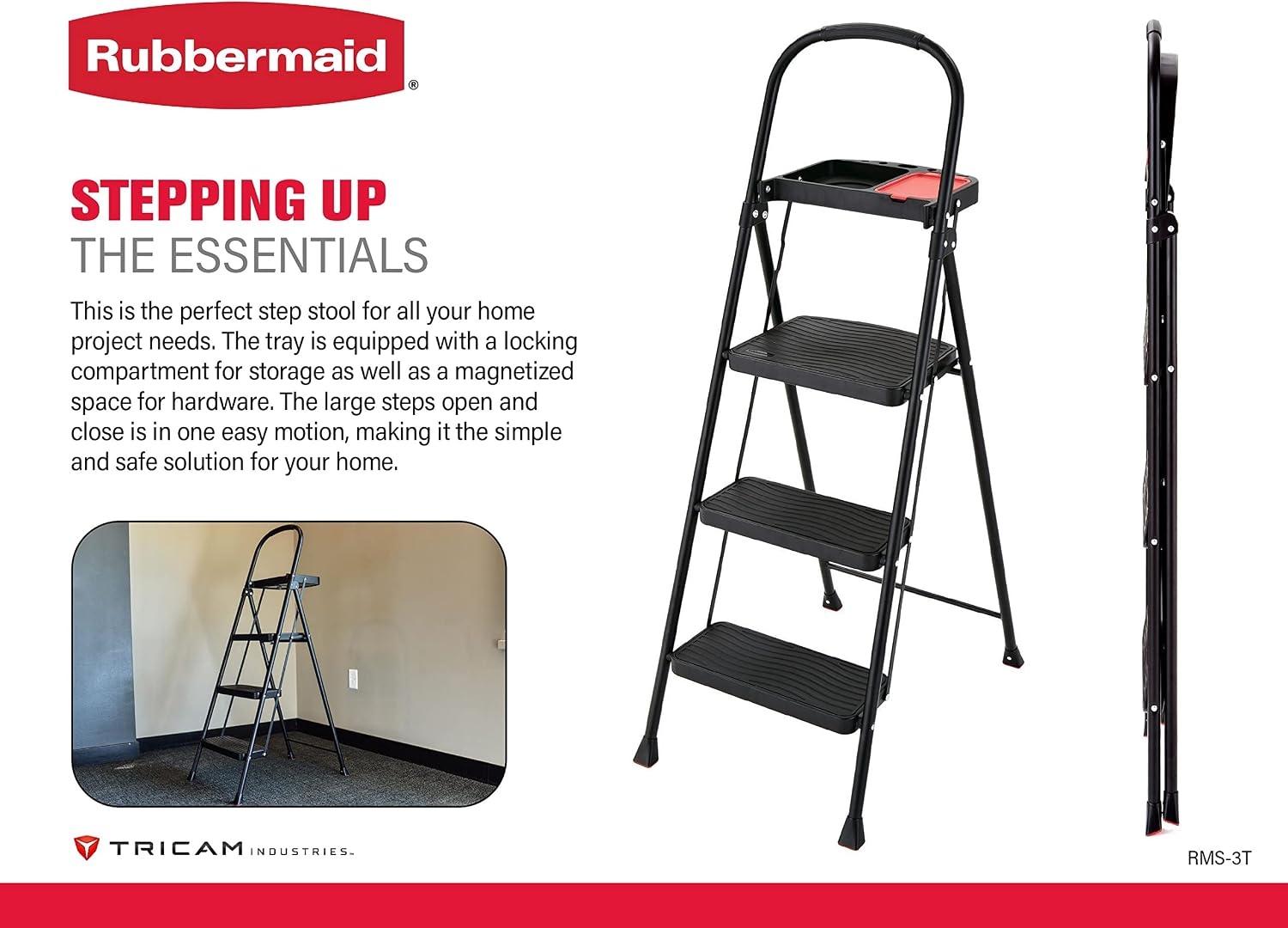image:imageRubbermaid 1Step Steel Ladder Folding Step Stool with Hand Grip and Traction Molded Steps White Tested to ANSI US Safety Standards No Assembly Required3Step w Project Tray