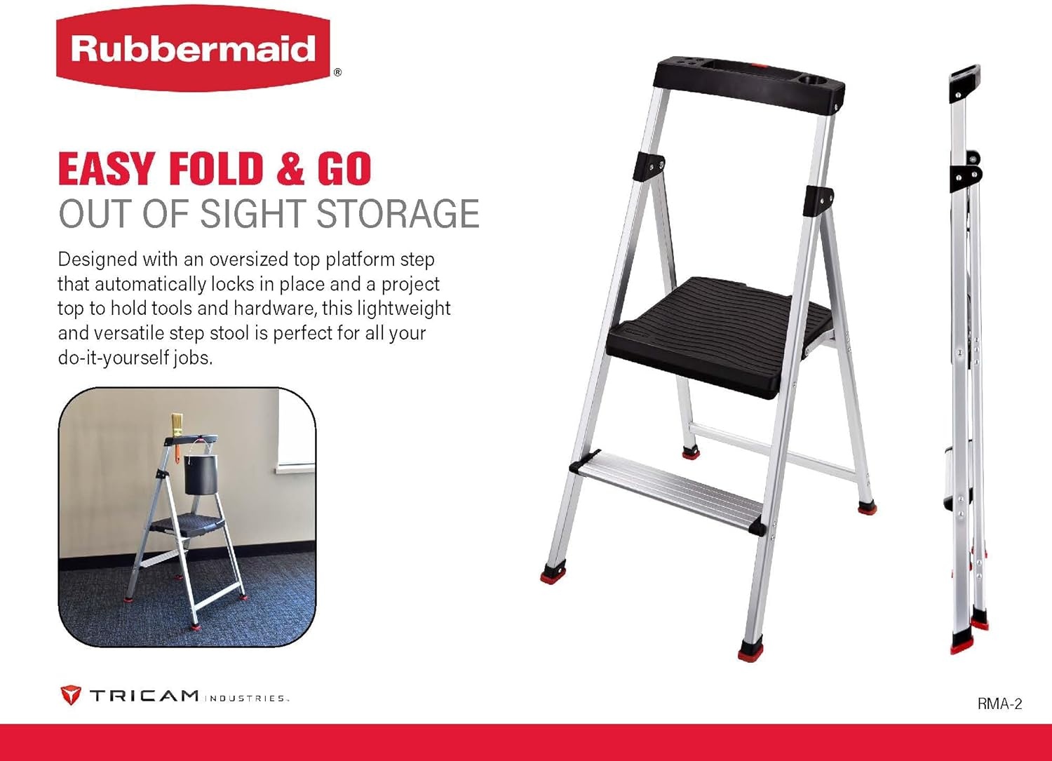 image:imageRubbermaid 3Step Ladder Aluminum Lightweight Folding Step Stool with Project Top Silver Tested to US Safety Standards No Assembly Required2Step