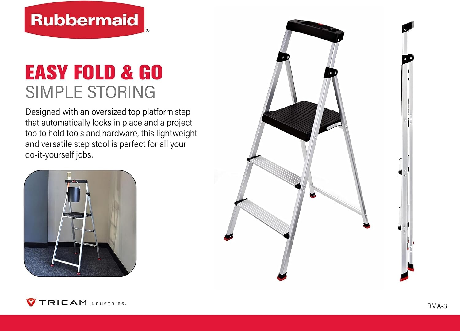 image:imageRubbermaid 3Step Ladder Aluminum Lightweight Folding Step Stool with Project Top Silver Tested to US Safety Standards No Assembly Required3Step