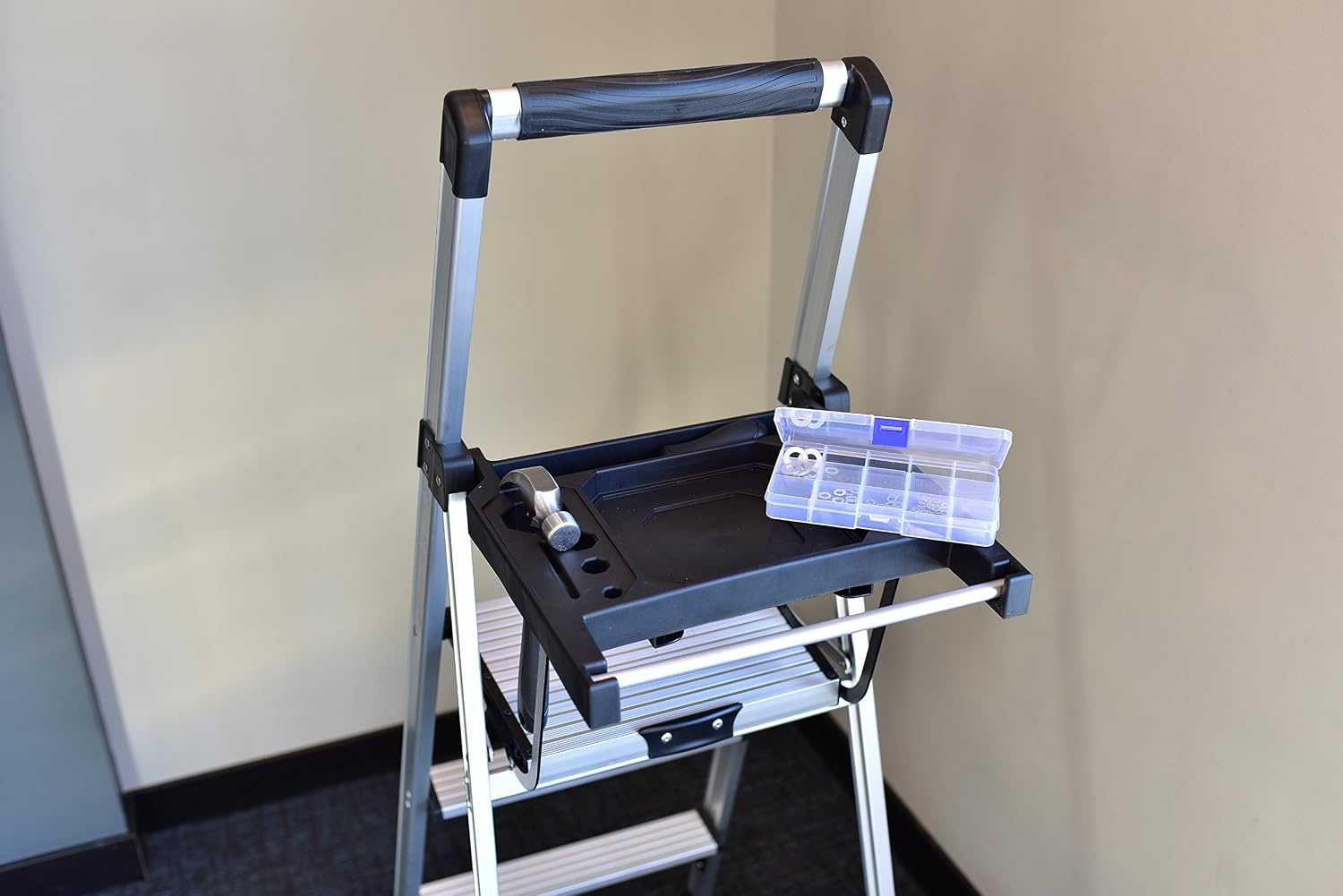 image:imageRubbermaid 3Step Ladder Aluminum Lightweight Folding Step Stool with Project Top Silver Tested to US Safety Standards No Assembly Required3Step w Oversized Project Tray