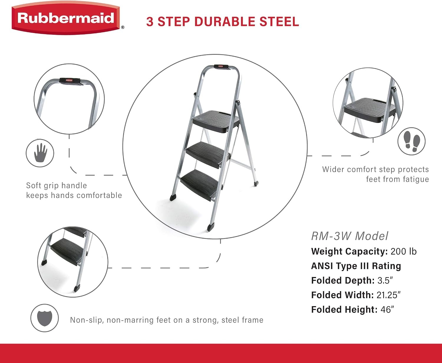 image:imageRubbermaid 3Step Steel Ladder Folding Step Stool with Hand Grip and NonSlip Feet Black Tested to ANSI US Safety Standards No Assembly RequiredSilver