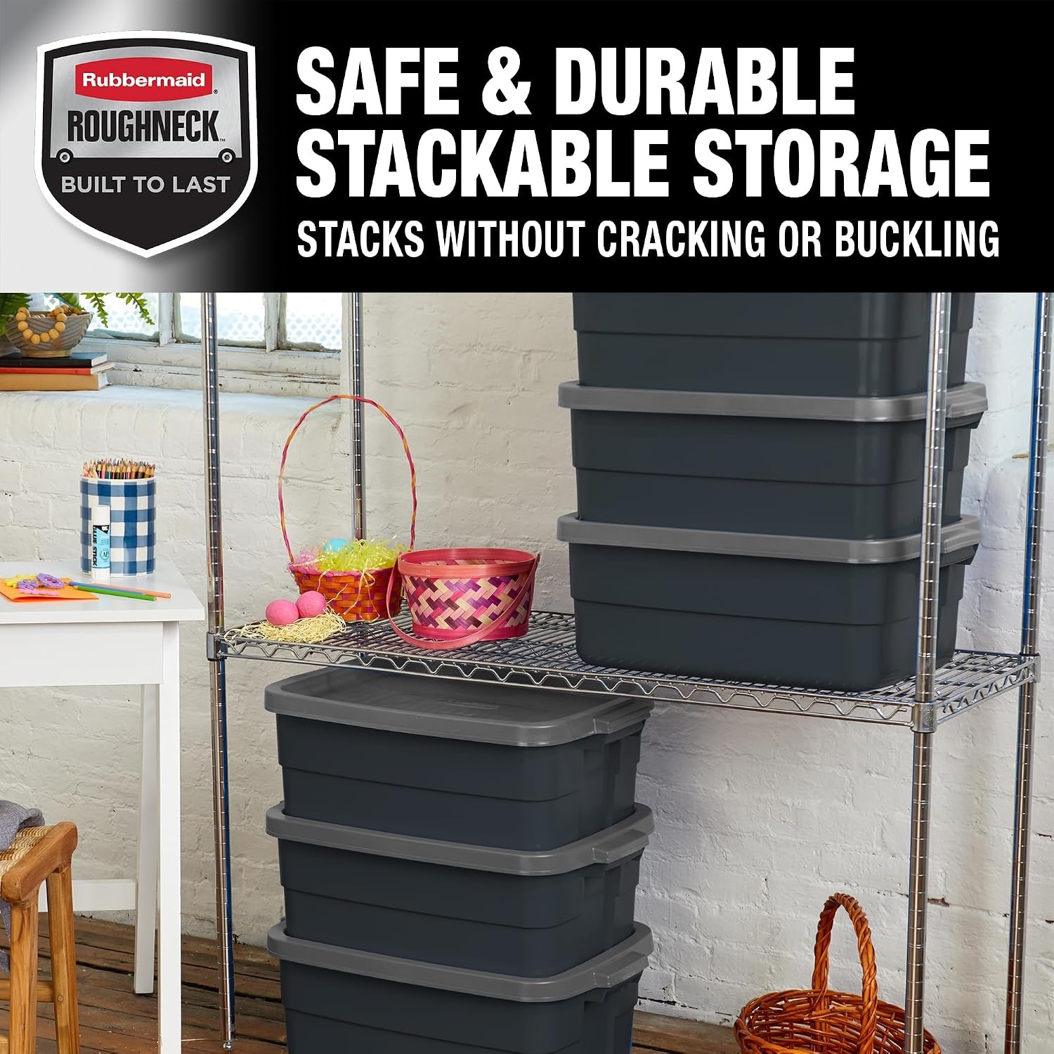image:imageRubbermaid 6Pack Heavy Duty Durable 3 GAL Totes for Storage with Snap Lids and Handles Plastic Storage Bins Stackable Black Gray for Home and Garage 3 GAL 6 Pack Solid Black and Grey10 Gal 6 Pack
