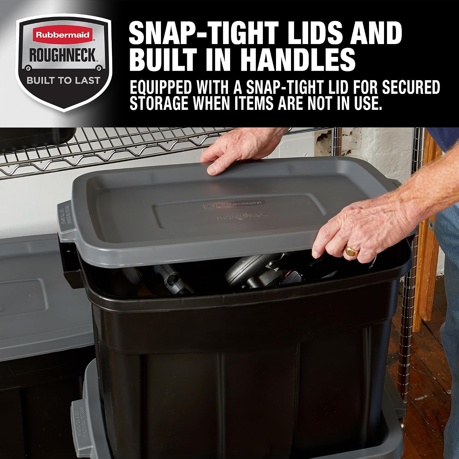 image:imageRubbermaid 6Pack Heavy Duty Durable 3 GAL Totes for Storage with Snap Lids and Handles Plastic Storage Bins Stackable Black Gray for Home and Garage 3 GAL 6 Pack Solid Black and Grey18 Gal 6 Pack
