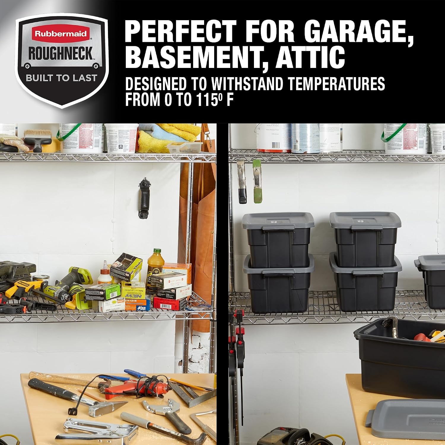 image:imageRubbermaid 6Pack Heavy Duty Durable 3 GAL Totes for Storage with Snap Lids and Handles Plastic Storage Bins Stackable Black Gray for Home and Garage 3 GAL 6 Pack Solid Black and Grey3 Gal 6 Pack