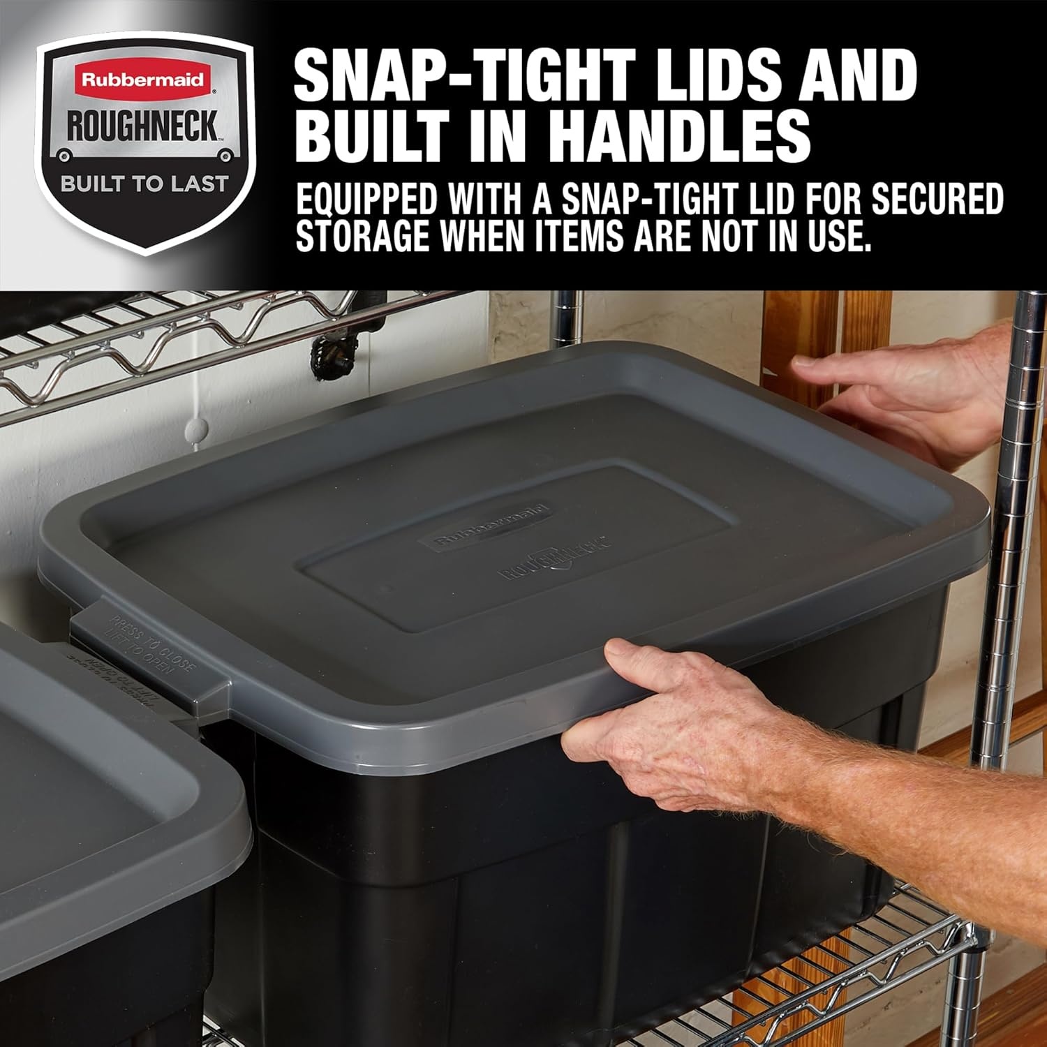 image:imageRubbermaid 6Pack Heavy Duty Durable 3 GAL Totes for Storage with Snap Lids and Handles Plastic Storage Bins Stackable Black Gray for Home and Garage 3 GAL 6 Pack Solid Black and Grey14 Gal 6 Pack
