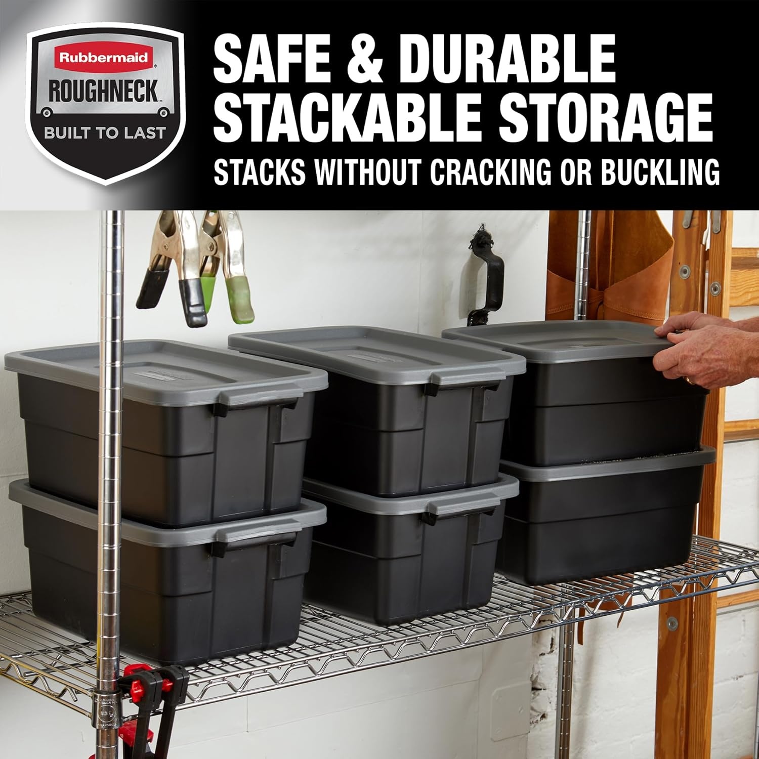 image:imageRubbermaid 6Pack Heavy Duty Durable 3 GAL Totes for Storage with Snap Lids and Handles Plastic Storage Bins Stackable Black Gray for Home and Garage 3 GAL 6 Pack Solid Black and Grey3 Gal 6 Pack