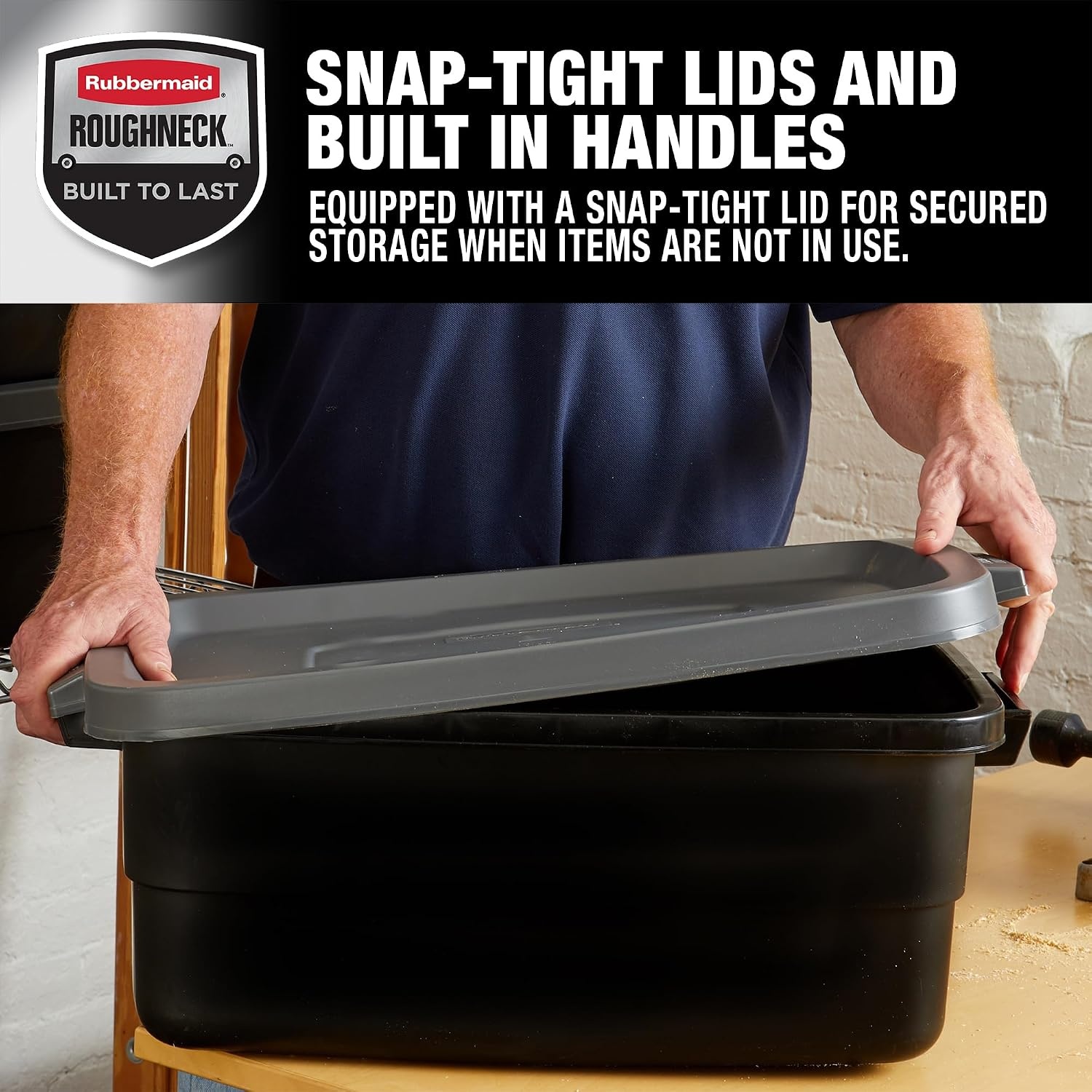 image:imageRubbermaid 6Pack Heavy Duty Durable 3 GAL Totes for Storage with Snap Lids and Handles Plastic Storage Bins Stackable Black Gray for Home and Garage 3 GAL 6 Pack Solid Black and Grey10 Gal 6 Pack