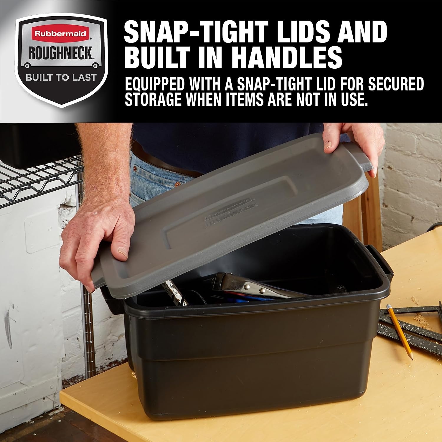 image:imageRubbermaid 6Pack Heavy Duty Durable 3 GAL Totes for Storage with Snap Lids and Handles Plastic Storage Bins Stackable Black Gray for Home and Garage 3 GAL 6 Pack Solid Black and Grey3 Gal 6 Pack