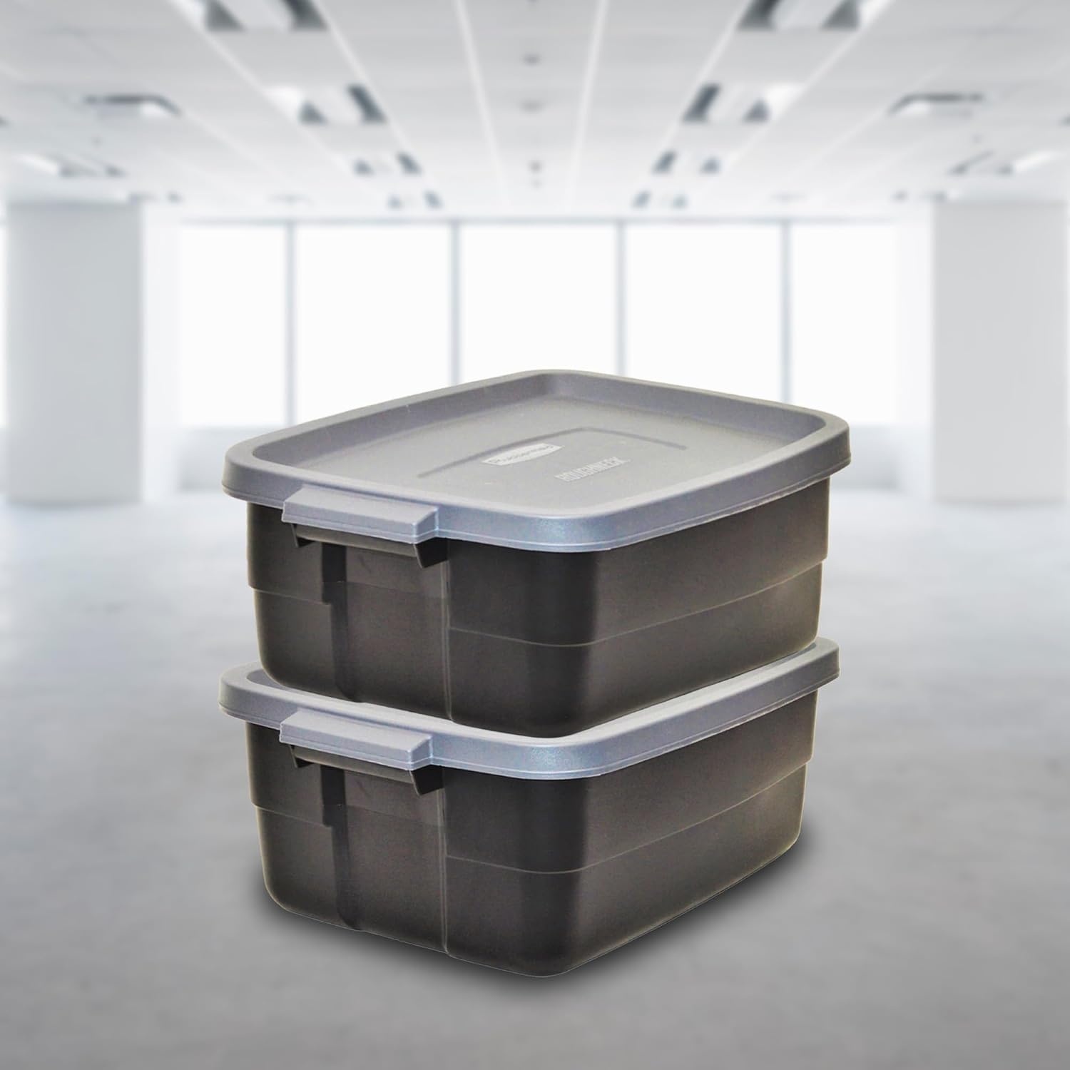 image:imageRubbermaid 6Pack Heavy Duty Durable 3 GAL Totes for Storage with Snap Lids and Handles Plastic Storage Bins Stackable Black Gray for Home and Garage 3 GAL 6 Pack Solid Black and Grey10 Gal 6 Pack