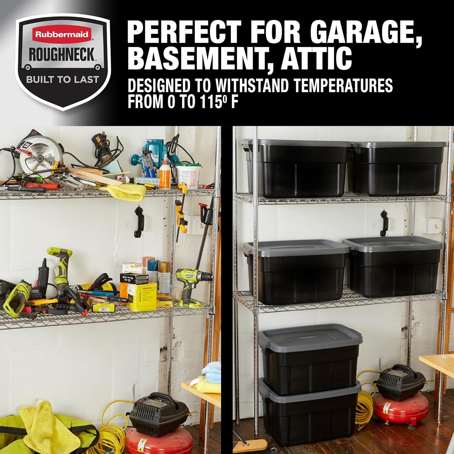 image:imageRubbermaid 6Pack Heavy Duty Durable 3 GAL Totes for Storage with Snap Lids and Handles Plastic Storage Bins Stackable Black Gray for Home and Garage 3 GAL 6 Pack Solid Black and Grey14 Gal 6 Pack