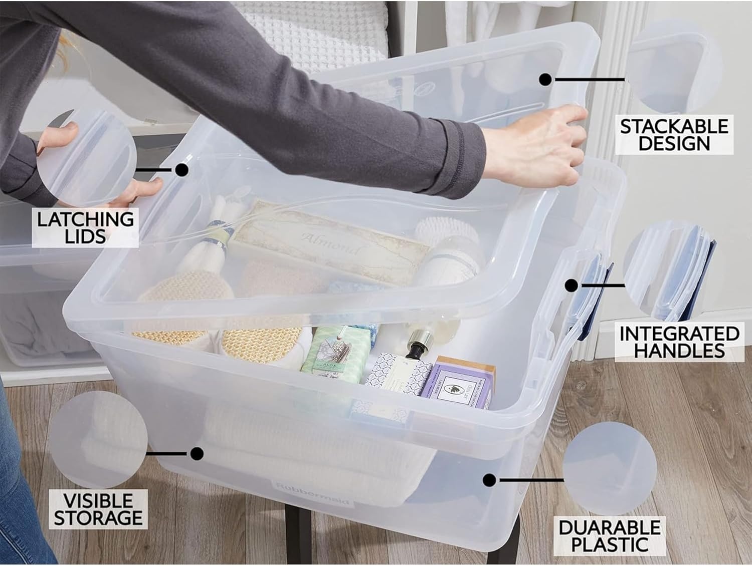image:imageRubbermaid Cleverstore 74 Qt Clear Storage Bins with Lids and Nesting Tray 4Pack Stackable BPAFree Made in USA74 Qt 4 Pack w Trays