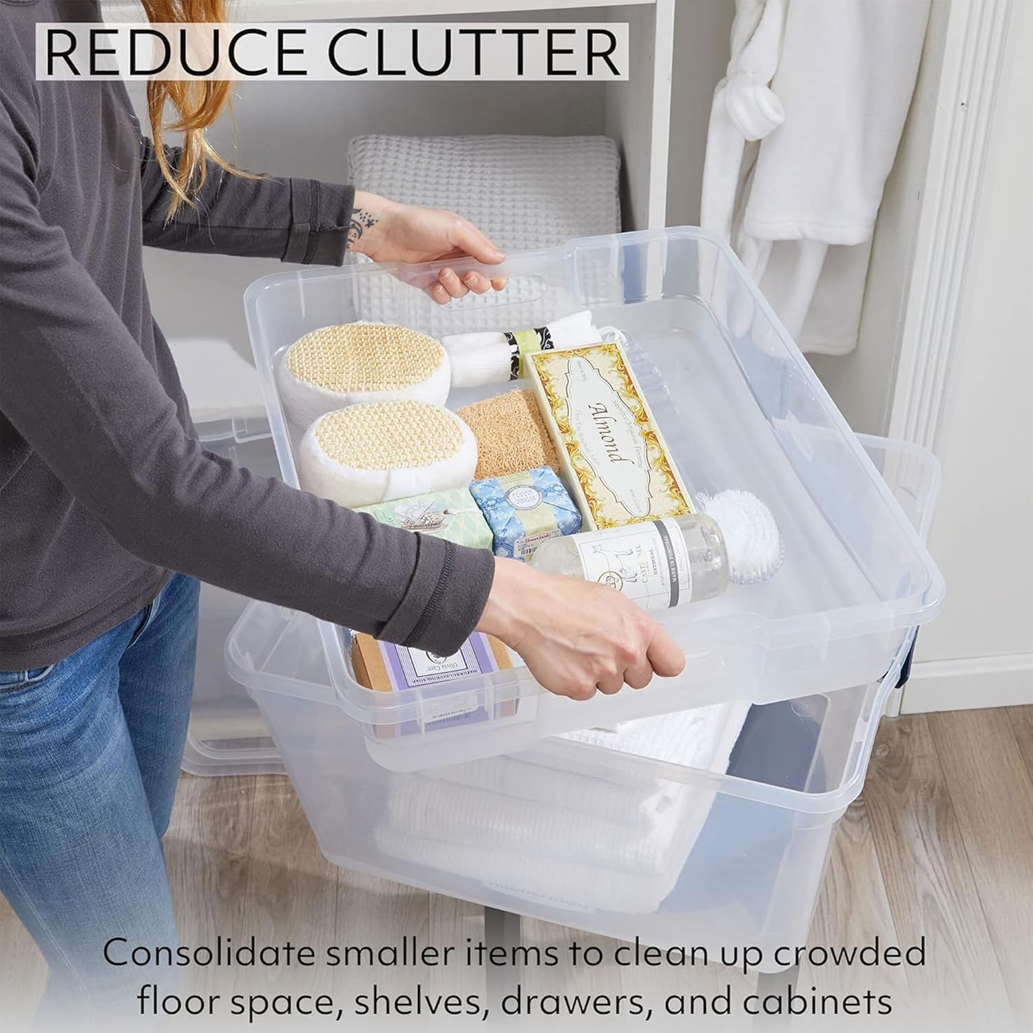 image:imageRubbermaid Cleverstore 74 Qt Clear Storage Bins with Lids and Nesting Tray 4Pack Stackable BPAFree Made in USA74 Qt 4 Pack w Trays
