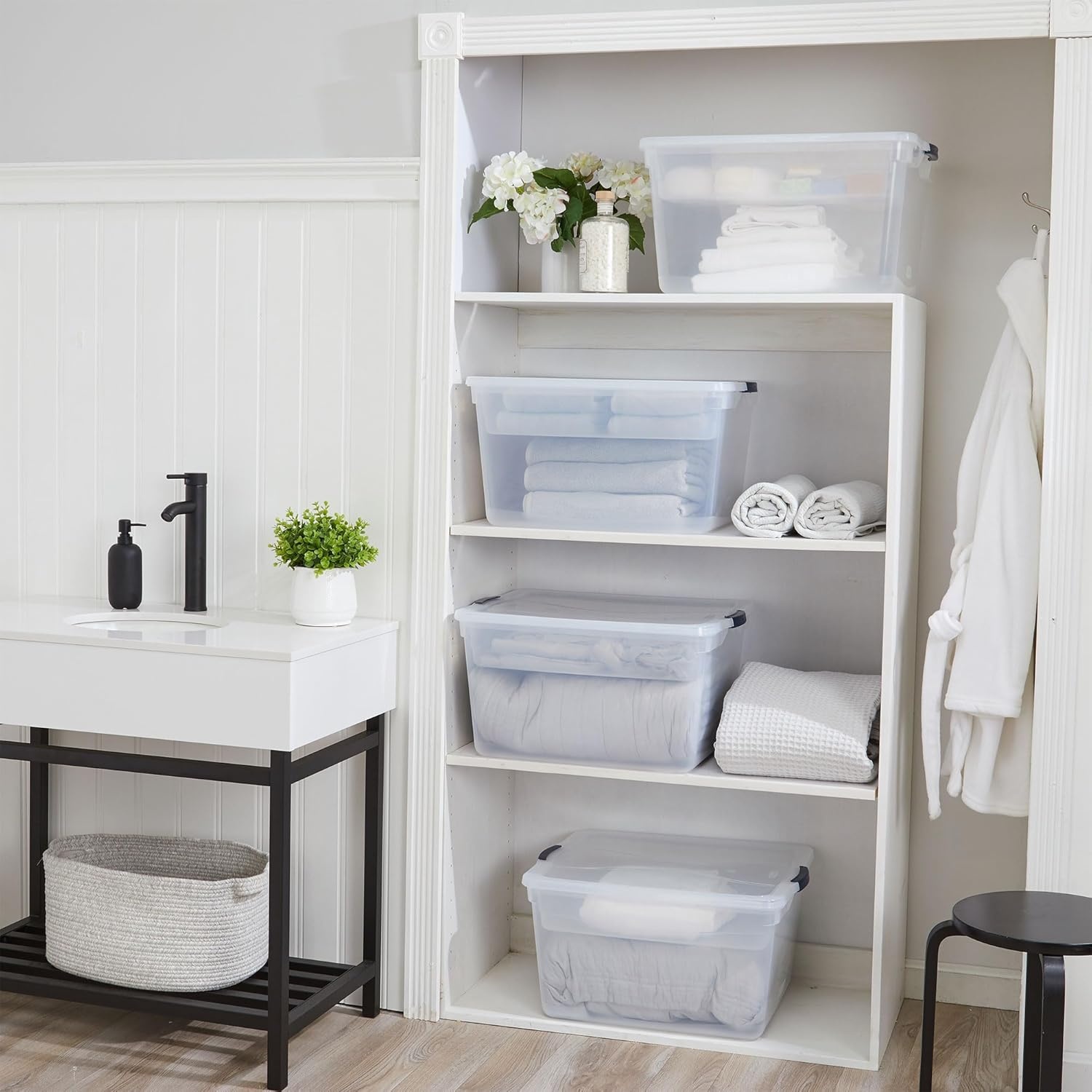 image:imageRubbermaid Cleverstore 74 Qt Clear Storage Bins with Lids and Nesting Tray 4Pack Stackable BPAFree Made in USA74 Qt 4 Pack w Trays