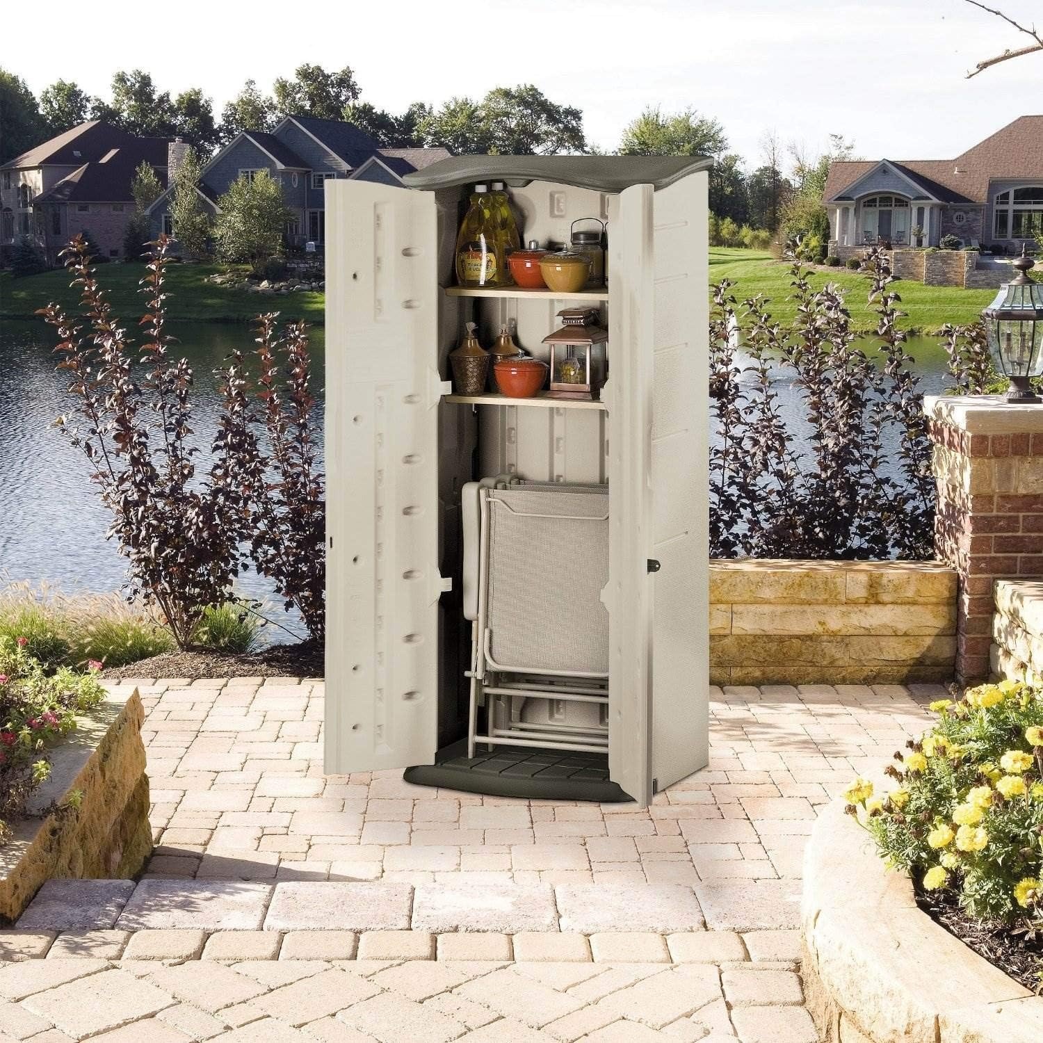 image:imageRubbermaid Compact Vertical Resin Storage Shed With Floor 2 x 25 Ft Weather Resistant BeigeBrown Organization for HomeBackyardGarden ToolsPorchPatio CushionsPool ChemicalsToys